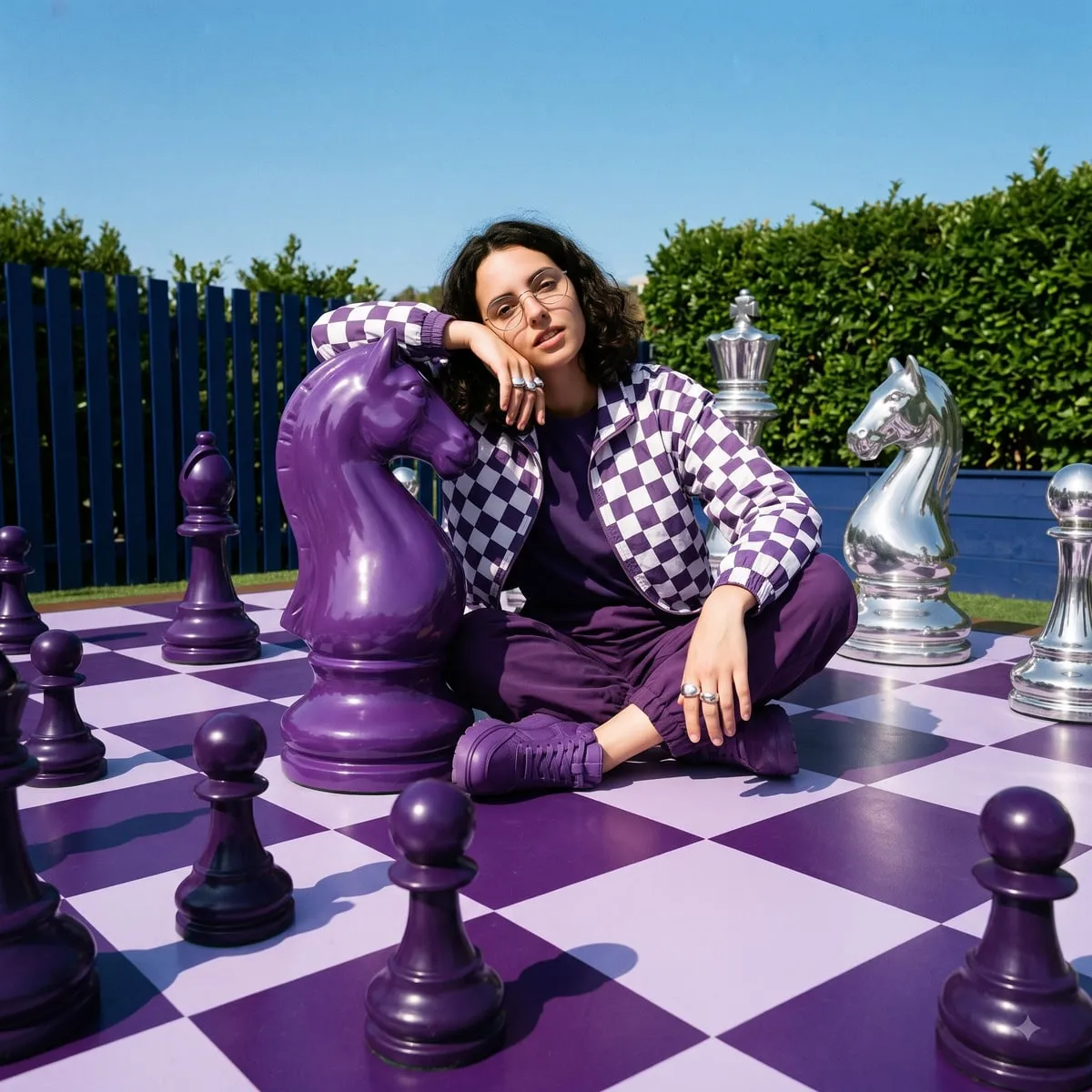 Person in a checkered jacket sitting on a giant purple chessboard beside oversized chess pieces