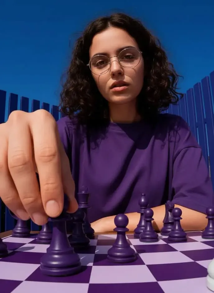 Person in a purple sweater moving a purple chess piece toward the camera