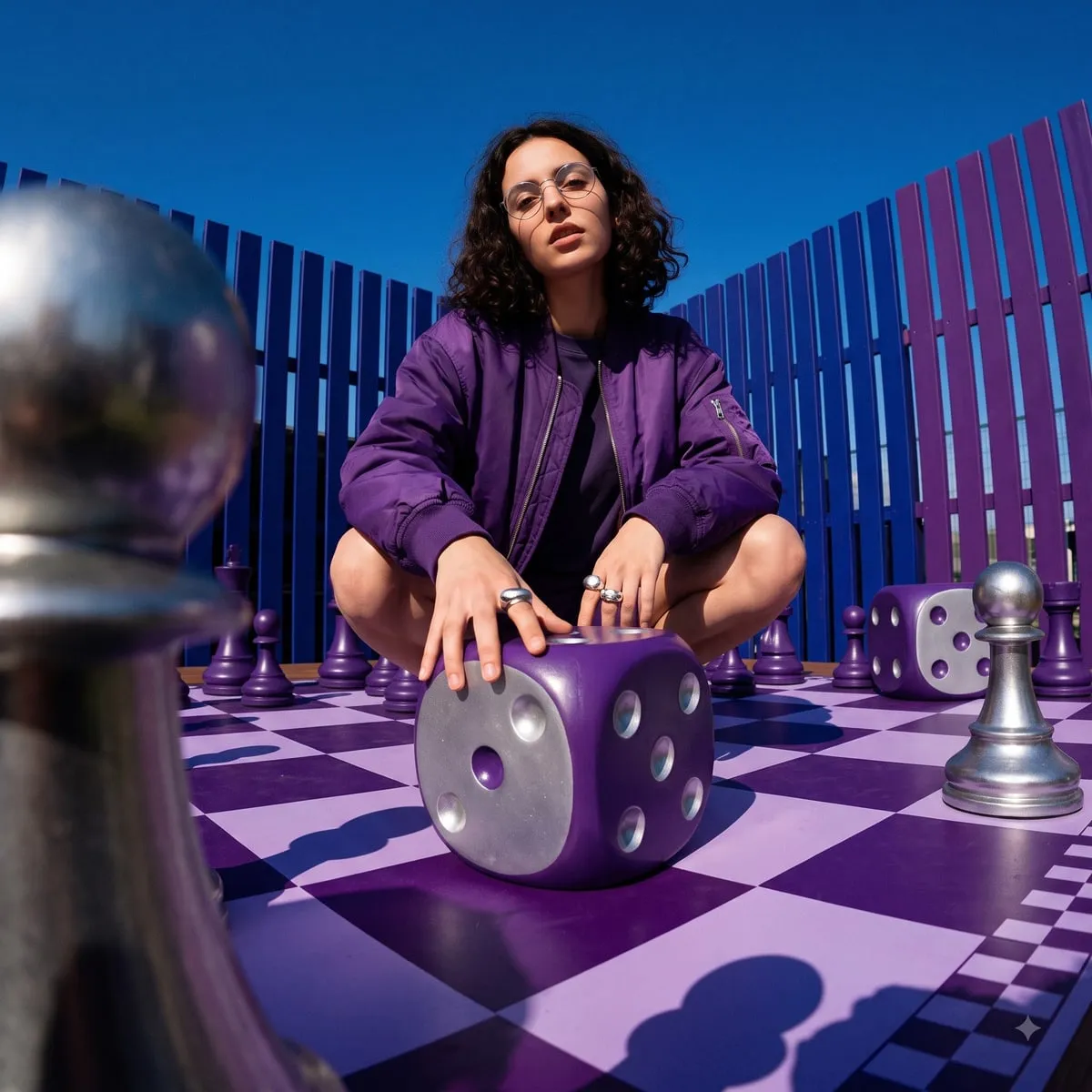 Person crouching behind a giant purple die on a purple chessboard