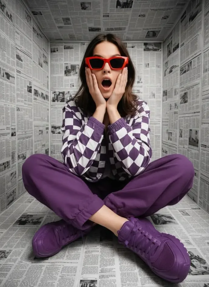 Surprised person in red sunglasses sitting in a room papered with newsprint